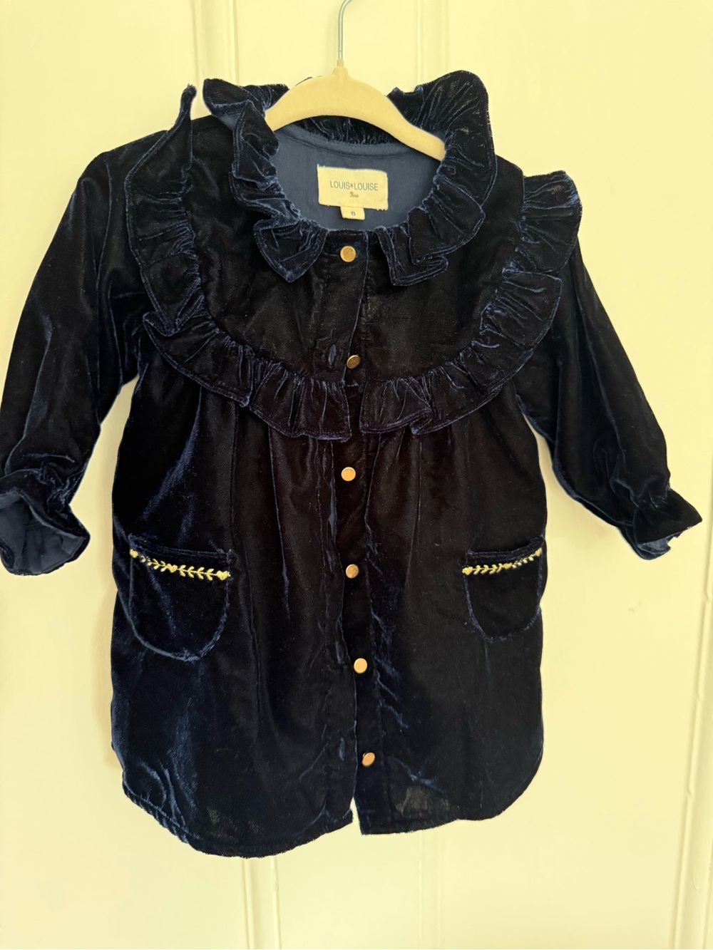 Louise Louise Girls' Navy Velvet Ruffle Button-Down Shirt